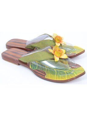 Jargon Women's 7 Leather Wood Tropical Flower Pointy Toe Sandal Thong Flat Slide